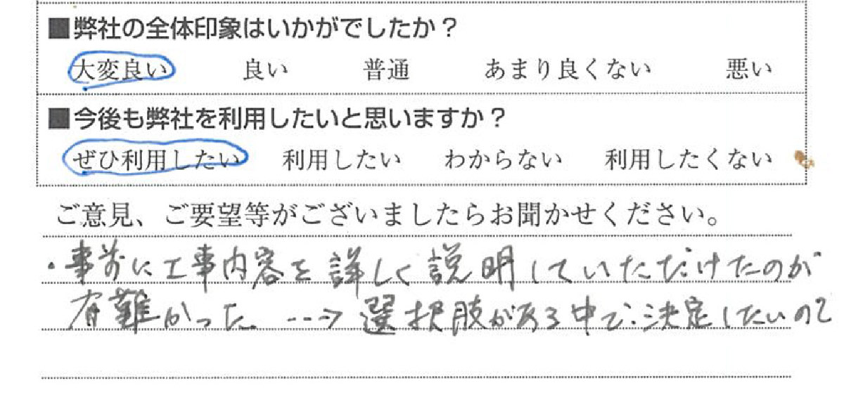 洗面所リフォーム　品川区M様　直筆アンケート用紙